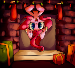 Size: 4500x4102 | Tagged: safe, artist:bloodatius, pinkie pie, earth pony, pony, absurd resolution, chimney, christmas, christmas lights, christmas stocking, colored pupils, cute, diapinkes, fireplace, happy, hat, looking at you, open mouth, present, santa hat, smiling, solo, upside down