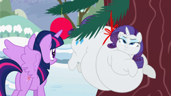 Size: 3840x2160 | Tagged: safe, artist:mellowhen, artist:neongothic, rarity, twilight sparkle, twilight sparkle (alicorn), alicorn, pony, unicorn, bbw, belly, big belly, chubby cheeks, fat, hearth's warming, hearth's warming eve, holiday, morbidly obese, obese, ornament, pine tree, raritubby, scrunchy face, snow, tree, tree branch, winter