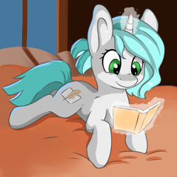 Size: 3000x3000 | Tagged: safe, artist:dbleki, oc, oc only, oc:sophia green, book, glowing horn, levitation, lying down, magic, reading, solo, telekinesis