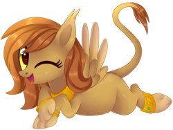 Size: 1024x772 | Tagged: safe, artist:sugguk, oc, oc only, oc:cleo, pony, sphinx, cute, female, mare, ocbetes, one eye closed, open mouth, simple background, smiling, solo, sphinx oc, transparent background, wink