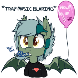 Size: 899x900 | Tagged: safe, artist:higglytownhero, oc, oc only, oc:nisha, bat pony, pony, balloon, bust, ear fluff, fangs, happy birthday, noisemaker, simple background, solo, spread wings, white background