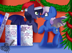 Size: 1024x745 | Tagged: safe, artist:datoogaler, oc, oc only, oc:claren vesper, oc:halfmoon, bat pony, pony, candy, candy cane, christmas, christmas tree, claroon, cute, food, glasses, hat, present, santa hat, surprised, tree