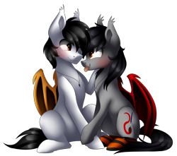 Size: 2555x2260 | Tagged: safe, artist:scarlet-spectrum, oc, oc only, oc:scarlet spectrum, bat pony, pony, blushing, cute, male, oc x oc, shipping, simple background, straight, transparent background