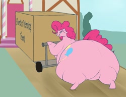 Size: 1280x981 | Tagged: safe, artist:astr0zone, pinkie pie, anthro, belly, big belly, box, candy, fat, female, food, huge belly, huge butt, impossibly large butt, large belly, large butt, morbidly obese, obese, piggy pie, pudgy pie, pushing, solo, struggle, sweat, sweets, trolley