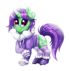 Size: 1701x1743 | Tagged: safe, oc, oc only, oc:crescent star, crystal pony, pony, unicorn, booties, clothes, crystal unicorn, glasses, hoodie, male, snow, socks, solo, stallion, striped socks