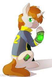 Size: 780x1144 | Tagged: safe, artist:suplolnope, oc, oc only, oc:littlepip, pony, unicorn, fallout equestria, clothes, fanfic, fanfic art, female, hooves, horn, looking at you, looking back, mare, pipbuck, simple background, sitting, solo, vault suit, white background