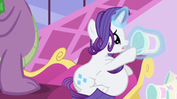 Size: 1024x575 | Tagged: safe, artist:jamesawilliams1996, edit, edited screencap, screencap, rarity, spike, dragon, pony, unicorn, inspiration manifestation, belly, big belly, crying, fainting couch, fat, fat edit, food, ice cream, levitation, magic, marshmelodrama, obese, raritubby, stuffed, telekinesis