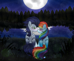 Size: 1024x843 | Tagged: safe, artist:northlights8, rainbow dash, soarin', pegasus, pony, blushing, colored wings, colored wingtips, forest, lake, male, moon, night, shipping, soarindash, straight