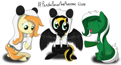 Size: 3900x2100 | Tagged: safe, artist:cloudy95, oc, oc only, oc:aphelion, oc:haven, oc:rayva, earth pony, pegasus, pony, animal costume, clothes, costume, female, mare, panda costume, simple background, transparent background