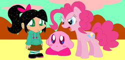 Size: 972x469 | Tagged: safe, artist:heartinarosebud, derpibooru import, pinkie pie, earth pony, human, pony, crossover, disney, kirby, kirby (character), nintendo, sugar rush, vanellope von schweetz, wreck-it ralph