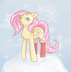 Size: 1071x1099 | Tagged: safe, artist:carousel~, fluttershy, pegasus, pony, blushing, chest fluff, clothes, snow, snowflake, socks, solo