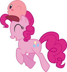 Size: 1134x1229 | Tagged: safe, artist:chipmagnum, derpibooru import, pinkie pie, earth pony, pony, crossover, duo, eyes closed, female, kirby, kirby (character), kirby pie, mare, nintendo, simple background, sitting on head, transparent background, vector