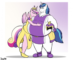 Size: 1280x1053 | Tagged: safe, artist:th0mas, princess cadance, shining armor, anthro, bhm, chubby, fat, fat fetish, feedee, female, fetish, hug, husband and wife, male, musclegut, muscles, obese, shining blubber, shiningcadance, shipping, straight