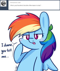 Size: 1024x1204 | Tagged: safe, artist:dsp2003, rainbow dash, pegasus, pony, ask, blushing, chibi, comic, female, mare, open mouth, simple background, single panel, solo, style emulation, transparent background, tumblr
