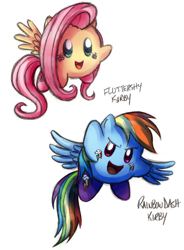 Size: 642x874 | Tagged: safe, artist:maraphy, artist:marraphy, derpibooru import, fluttershy, rainbow dash, crossover, duo, kirby, kirby (character), kirby fluttershy, kirbyfied, simple background, smiling, species swap, spread wings, white background, wings