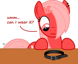 Size: 2426x2012 | Tagged: safe, artist:arifproject, oc, oc only, oc:downvote, pony, collar, derpibooru, derpibooru ponified, dialogue, hair accessory, hair over one eye, looking down, meta, ponified, simple background, solo, table, transparent background, vector