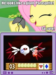 Size: 563x752 | Tagged: safe, derpibooru import, fluttershy, pegasus, pony, controller, exploitable meme, eyes closed, female, gamershy, happy, hoof hold, kirby, mare, meme, open mouth, pink mane, screen, smiling, tv meme, yellow coat