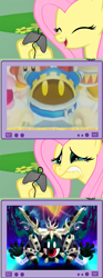 Size: 560x1500 | Tagged: safe, derpibooru import, fluttershy, pegasus, pony, controller, exploitable meme, eyes closed, female, gamershy, happy, hoof hold, kirby, lip bite, magolor, magolor soul, mare, meme, open mouth, pink mane, screen, smiling, teary eyes, teeth, tv meme, yellow coat