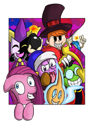 Size: 657x854 | Tagged: safe, artist:sweet-candy-girl, derpibooru import, pinkie pie, earth pony, pony, crossover, dimentio, fawful, kirby, mario & luigi, marx, peacock (skullgirls), pinkamena diane pie, pokémon, rotom, skullgirls, super mario bros., super paper mario