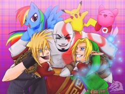 Size: 2000x1500 | Tagged: safe, artist:lycanthropeheart, derpibooru import, rainbow dash, pegasus, pikachu, pony, cloud strife, crossover, final fantasy, final fantasy vii, god of war, happy, kirby, kirby (character), kratos, link, nintendo, smiling, the legend of zelda