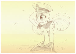 Size: 1073x758 | Tagged: safe, artist:sherwoodwhisper, oc, oc only, oc:eri, pony, unicorn, boat, hat, monochrome, ocean, salute, sinking, sketch, solo