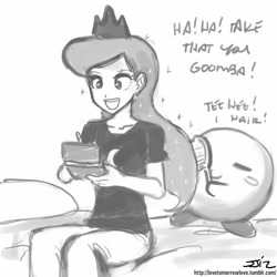 Size: 850x850 | Tagged: safe, artist:johnjoseco, princess luna, human, brushie, clothes, crossover, dialogue, gamer luna, goomba, grayscale, humanized, kirby, kirby (character), kirby luna, monochrome, nintendo, nintendo ds, pants, super mario bros.