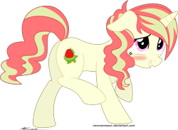 Size: 6219x4555 | Tagged: safe, artist:neronemesis1, oc, oc only, oc:strawberry lime, pony, unicorn, absurd resolution, blushing, female, floppy ears, grin, looking up, mare, nervous, nervous grin, raised hoof, raised leg, simple background, smiling, solo, transparent background