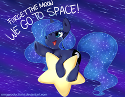 Size: 880x680 | Tagged: safe, artist:omgproductions, princess luna, alicorn, pony, cute, ethereal mane, kirby, lunabetes, parody, solo, space, starry mane, stars, tangible heavenly object, unicorn luna, warp star