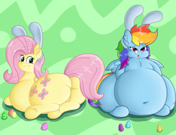 Size: 2150x1654 | Tagged: safe, artist:dullpoint, fluttershy, rainbow dash, pegasus, pony, adorafatty, belly, big belly, bunny ears, bunnyshy, chubby cheeks, cute, dashabetes, duo, easter, easter bunny, easter egg, fat, fattershy, female, holiday, huge butt, large butt, mare, obese, rainblob dash, shyabetes, tongue out