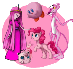 Size: 1836x1734 | Tagged: safe, artist:shirl-ame, derpibooru import, pinkie pie, earth pony, jigglypuff, pony, adventure time, crossover, kirby, kirby (character), piglet, pink, pink panther, pokémon, princess bubblegum, winnie the pooh