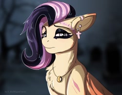 Size: 1280x994 | Tagged: safe, artist:tailung, fluttershy, pegasus, pony, alternate hairstyle, bust, chest fluff, cross, dyed mane, ear piercing, earring, emo, emoshy, eyelashes, gothic, jewelry, looking at you, makeup, necklace, piercing, portrait, ring, sidecut, solo, undercut