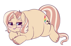 Size: 1167x750 | Tagged: safe, artist:lulubell, oc, oc only, oc:lulubell, unicorn, bingo wings, blushing, chubby cheeks, double chin, fat, female, freckles, glasses, mare, mlem, obese, silly, simple background, solo, tongue out, transparent background