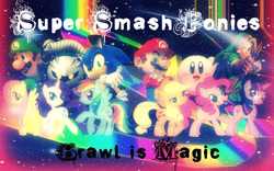 Size: 1024x640 | Tagged: safe, artist:nintendostarknight, derpibooru import, applejack, fluttershy, pinkie pie, rainbow dash, rarity, twilight sparkle, twilight sparkle (alicorn), alicorn, earth pony, hedgehog, human, pegasus, pony, unicorn, crossover, female, kirby, kirby (character), link, luigi, male, mane six, mario, meta knight, nintendo, rainbow road, sega, sonic the hedgehog, sonic the hedgehog (series), super mario bros., super smash bros., super smash bros. brawl, the legend of zelda