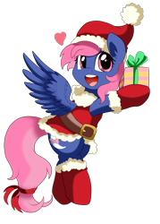 Size: 2087x2917 | Tagged: safe, artist:pridark, oc, oc only, clothes, costume, cute, hat, present, santa costume, santa hat, simple background, solo, transparent background