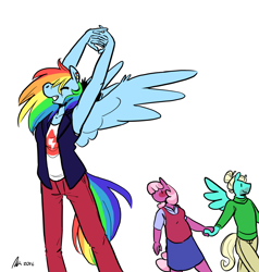 Size: 1280x1347 | Tagged: safe, artist:rwl, cheerilee, rainbow dash, zephyr breeze, anthro, armpits, bisexual, blushing, cheeribreeze, cheeridash, eyes closed, eyes on the prize, female, grin, lesbian, male, shipping, simple background, smiling, spread wings, straight, stretching, white background