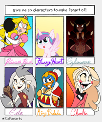 Size: 640x764 | Tagged: safe, artist:raven-shepherd, princess flurry heart, anthro, :d, :p, anthro with ponies, bust, charlie (hazbin hotel), clothes, crossover, crown, dress, eda, evening gloves, female, frying pan, gloves, grin, hat, hazbin hotel, jewelry, king dedede, kirby, long gloves, male, out of frame, princess peach, regalia, six fanarts, smiling, super mario bros., sylvanas windrunner, the owl house, tongue out, warcraft, world of warcraft