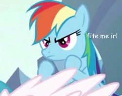 Size: 381x301 | Tagged: safe, edit, edited screencap, screencap, princess celestia, rainbow dash, alicorn, pegasus, pony, comic sans, cropped, fight me, meme, photo, solo focus