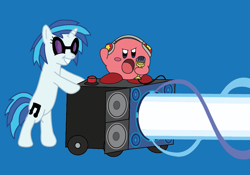 Size: 881x616 | Tagged: safe, artist:thetacticalpoptart, dj pon-3, vinyl scratch, pony, unicorn, bass cannon, bipedal, bipedal leaning, crossover, grin, kirby, kirby (character), microphone, nintendo, smiling, xk-class end-of-the-world scenario