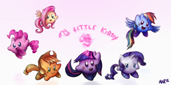 Size: 1462x732 | Tagged: safe, artist:marraphy, derpibooru import, applejack, fluttershy, pinkie pie, rainbow dash, rarity, twilight sparkle, crossover, cute, happy, kirby, kirby (character), kirby applejack, kirby dash, kirby fluttershy, kirby pie, kirby rarity, kirby twilight, kirbyfied, mane six, my little kirby, nintendo, species swap