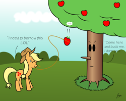 Size: 1280x1024 | Tagged: safe, artist:jozeeworm, derpibooru import, applejack, earth pony, pony, apple, apple tree, crossover, kirby, nintendo, rope, tree, whispy woods