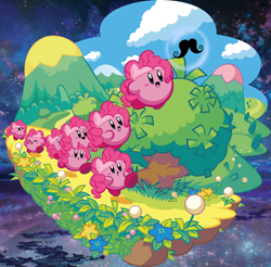 Size: 500x492 | Tagged: safe, artist:tailsdoll1993, derpibooru import, pinkie pie, crossover, kirby, kirby (character), kirby mass attack, kirby pie, moustache, multeity, nintendo, species swap, too much pink energy is dangerous