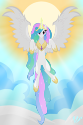 Size: 2000x3000 | Tagged: safe, artist:virenth, princess celestia, alicorn, pony, cloud, crepuscular rays, flying, looking at you, magic, solo, spread wings, sun