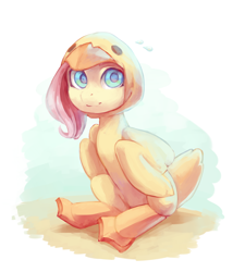 Size: 1600x1873 | Tagged: safe, artist:aphphphphp, fluttershy, duck, pegasus, pony, clothes, costume, flippers, flutterduck, looking at you, pegaduck, sitting, solo