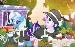 Size: 2571x1609 | Tagged: safe, artist:pixelkitties, starlight glimmer, trixie, pony, unicorn, apple, apron, autumn, carrot, cheese, clothes, cookie, food, grapes, pie, pilgrim, pilgrim outfit, potato, salad, thanksgiving, trixie's wagon