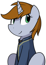 Size: 1280x1804 | Tagged: safe, artist:furrgroup, oc, oc only, oc:littlepip, pony, unicorn, fallout equestria, clothes, fanfic, fanfic art, female, horn, mare, simple background, smiling, solo, vault suit, white background