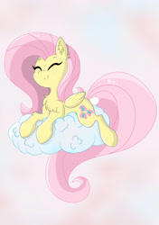 Size: 2456x3484 | Tagged: safe, artist:meowmavi, fluttershy, pegasus, pony, chest fluff, cloud, ear fluff, eyes closed, folded wings, lying down, prone, smiling, solo, wings