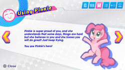 Size: 1181x664 | Tagged: safe, artist:millioncookies, artist:spindlesx, derpibooru exclusive, derpibooru import, edit, pinkie pie, earth pony, pony, c:, cute, dawwww, dialogue, diapinkes, eyes closed, fake screencap, female, happy, kirby, kirby star allies, looking up, mare, menu, motivational, nintendo, open mouth, ponified, ponk, positive ponies, sitting, smiling, solo, video game