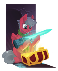 Size: 1024x1245 | Tagged: safe, artist:arctic-fox, oc, oc only, oc:disk, pegasus, pony, cave, clothes, commission, cyber sword, kirby, male, megaman, megaman battle network, scarf, simple background, sitting, solo, stallion, sword, transparent background, treasure chest, weapon