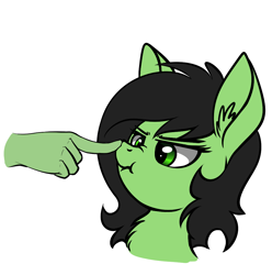 Size: 1046x1055 | Tagged: safe, artist:duop-qoub, oc, oc only, oc:anon, oc:anon filly, annoyed, boop, bust, chest fluff, cross-eyed, ear fluff, female, filly, fluffy, frown, glare, hand, lidded eyes, nose wrinkle, portrait, scrunchy face, simple background, solo focus, white background