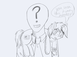 Size: 3000x2245 | Tagged: safe, artist:awesometheweirdo, oc, oc:anon, oc:littlepip, human, pony, unicorn, fallout equestria, baka, behaving like a cat, black and white, blushing, clothes, crossover, cute, cutie mark, dialogue, fanfic, fanfic art, female, grayscale, horn, mare, monochrome, pipbuck, pony pet, simple background, teeth, white background